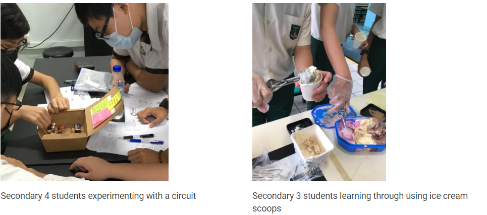 Students in school uniforms doing hands-on activities: one group building a circuit, another scooping ice cream.